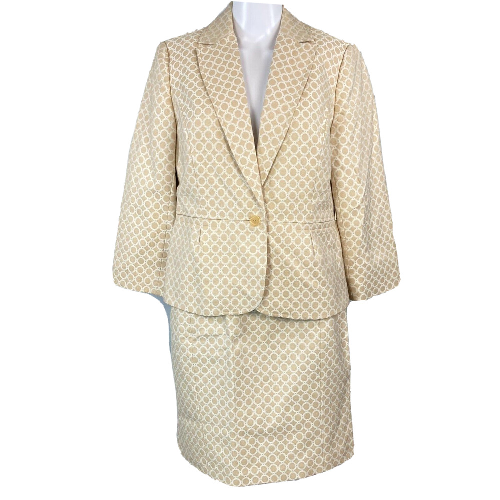NWT Madison Studio Suit Womens 8 Beige Cream Circle Print Skirt Suit Jacket Set‎